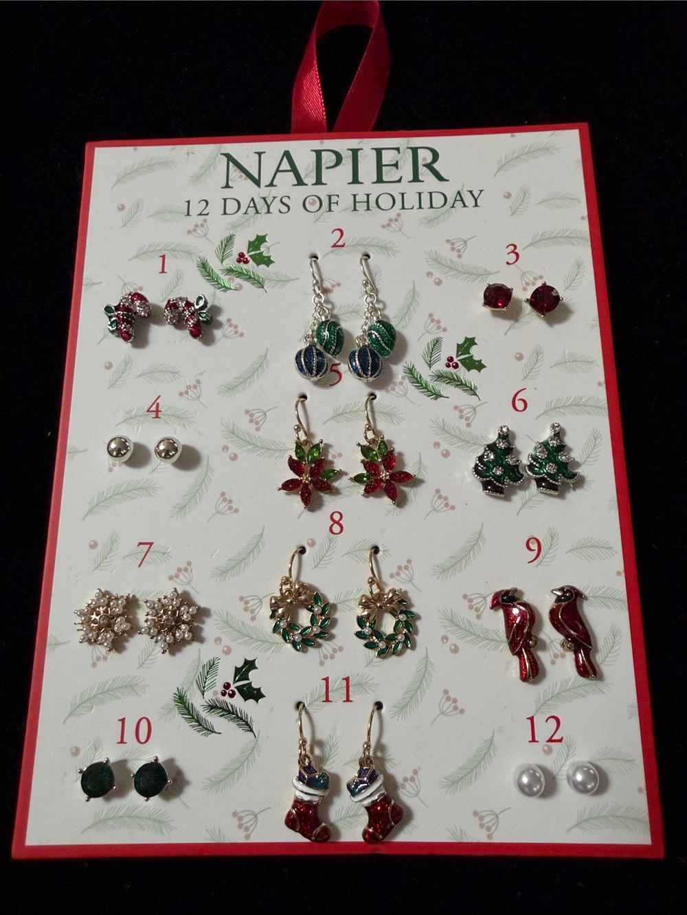 Napier Holiday Earring Set, 12 pairs, New on Card